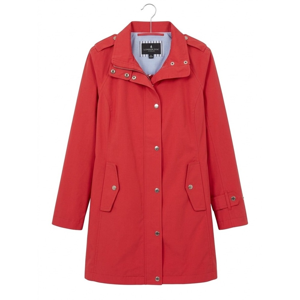 London Fog Womens Coral Red Rain Jacket Petite Large Full Zip Mid-Length Coat
